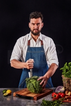 Denim apron with leather accessories